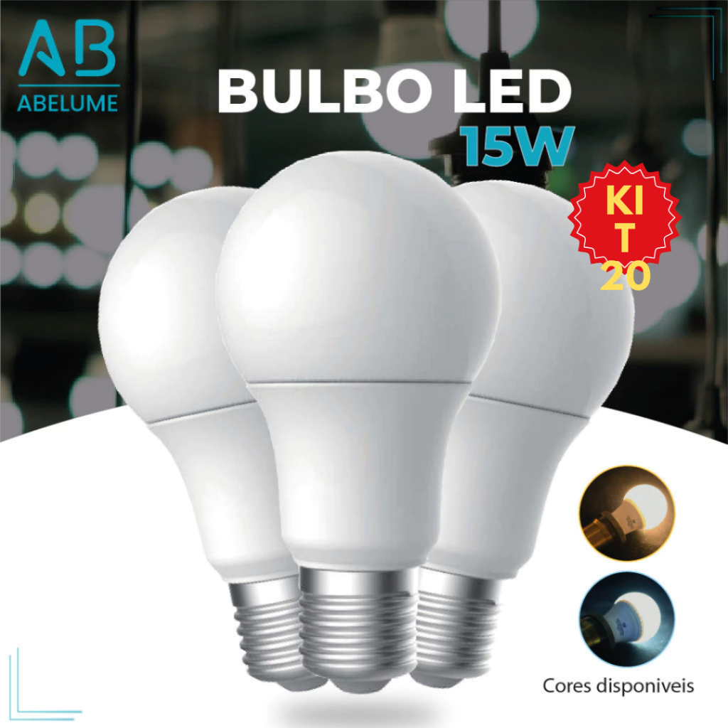 Kit 20 Lâmpada Led Bulbo 15w Branco Frio 6.500K (Luz Branca) | Branco Quente 3.200K (Luz Amarela) |  Bivolt E27