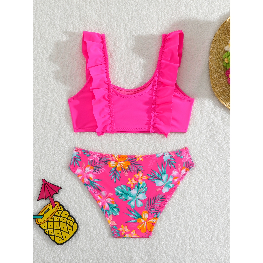 RWX VEST - CONJUNTO DE PRAIA INFANTIL FEMININO COM BABADINHO E CALCINHA COM ESTAMPA FLORAL - I3044