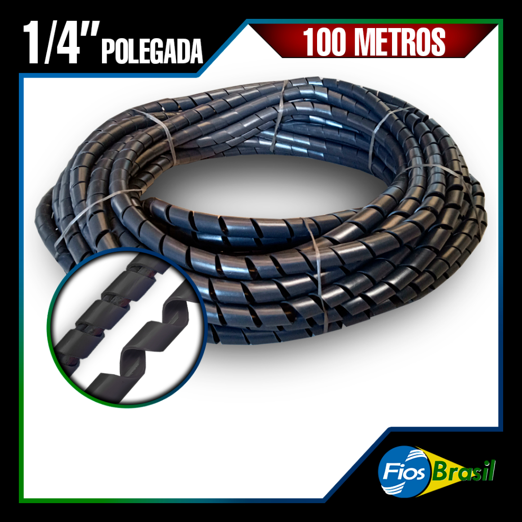 Tubo Espiral 1/4 | 6,33mm | Organizador De Fios e Cabos | 100M | Preto ou Branco c/ NF-e