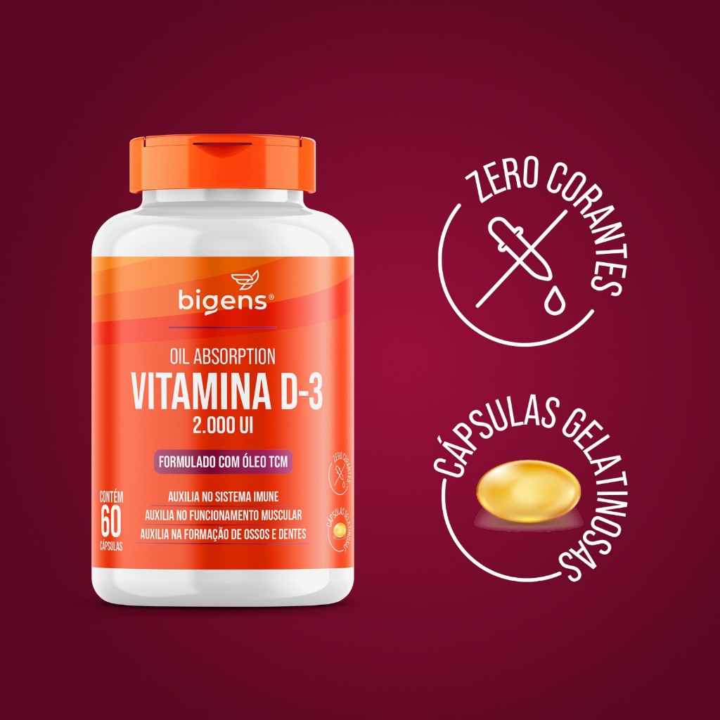 Detalhes do BIGENS KIT 3X ULTRA VITAMINA D3 2000UI 60 CÁPSULAS GEL COM TCM (MCT) BIOGENS