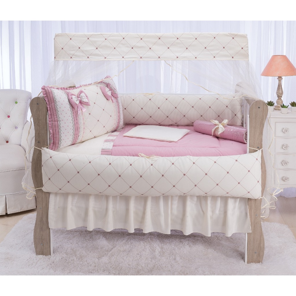 Kit Quarto Completo de Bebê 21 Peças Berço Bi-cama Cortina Amamentação Almofada Boneca Porta Fralas