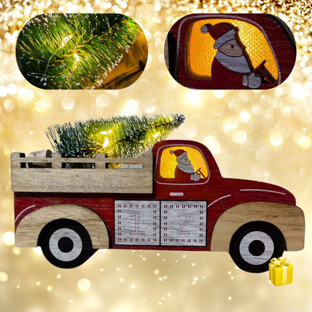 Decoração de natal caminhão madeira papai noel arvore pinheiro com luz led