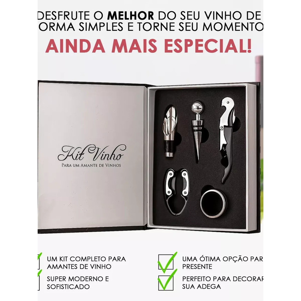 Kit Vinho Abridor Dosador Saca Rolhas Tampa Livro 05 Peças-Luxo