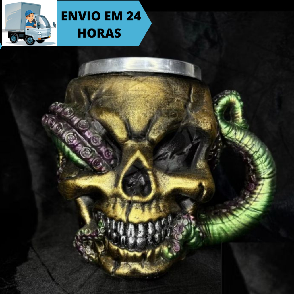 Caneca/Copo Caveira Dourada com Polvo Tentáculos Crânio 3D Resina