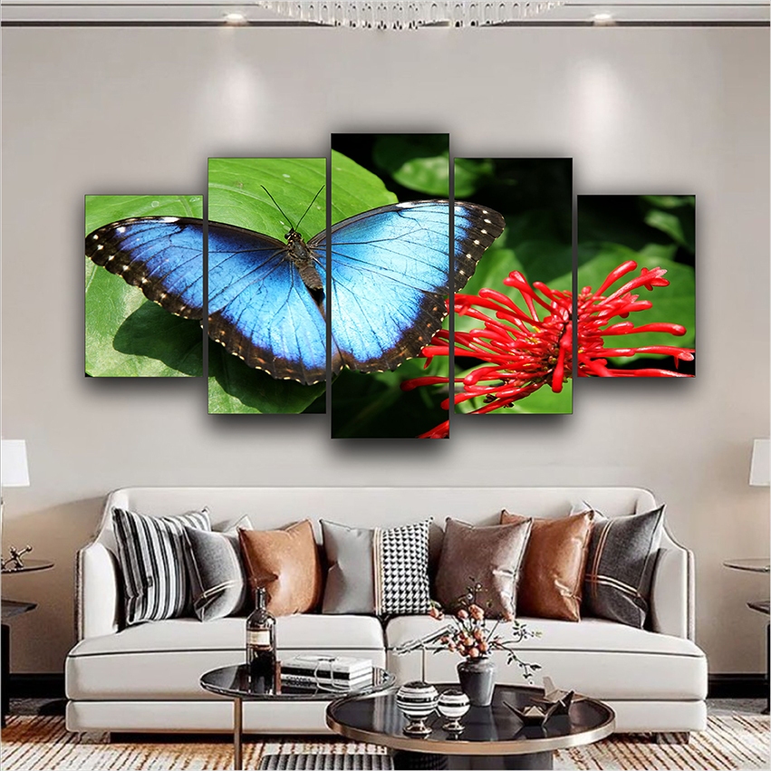 Quadro Decorativo Borboleta Azul Linda Paisagem Quarto Sala 5 PEÇAS