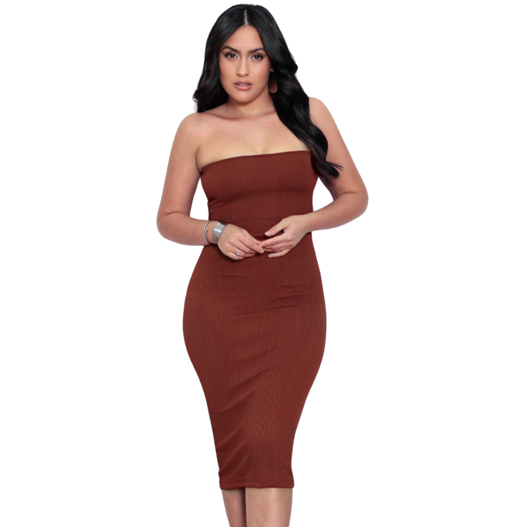 Vestido Midi Tomara que Caia Canelado Tubinho - Elegância e Conforto em um Único Vestido!