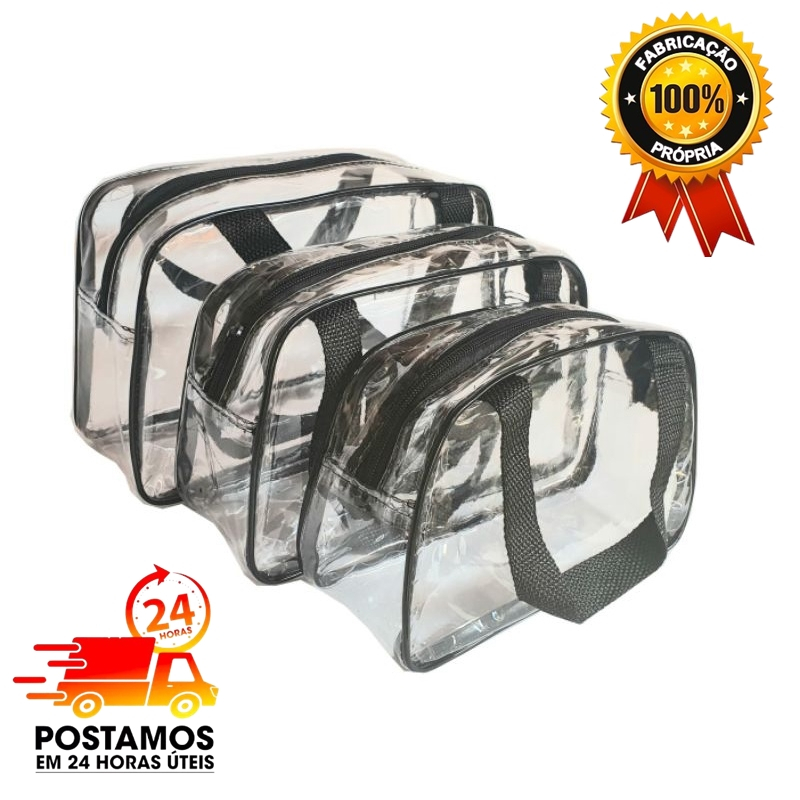 Kit 3 Necessaire Frasqueira Transparente Bolsas e  Organizadora de Maquiagem