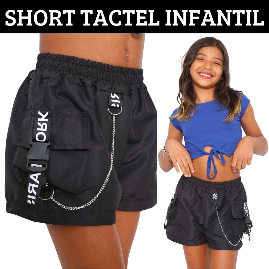 Short Feminino Infantil Para Meninas 10 12 14 Tactel 4 Bolsos Com Fitas e Corrente Short Cargo Street Bloguerinha Moda em Oferta na Shopee