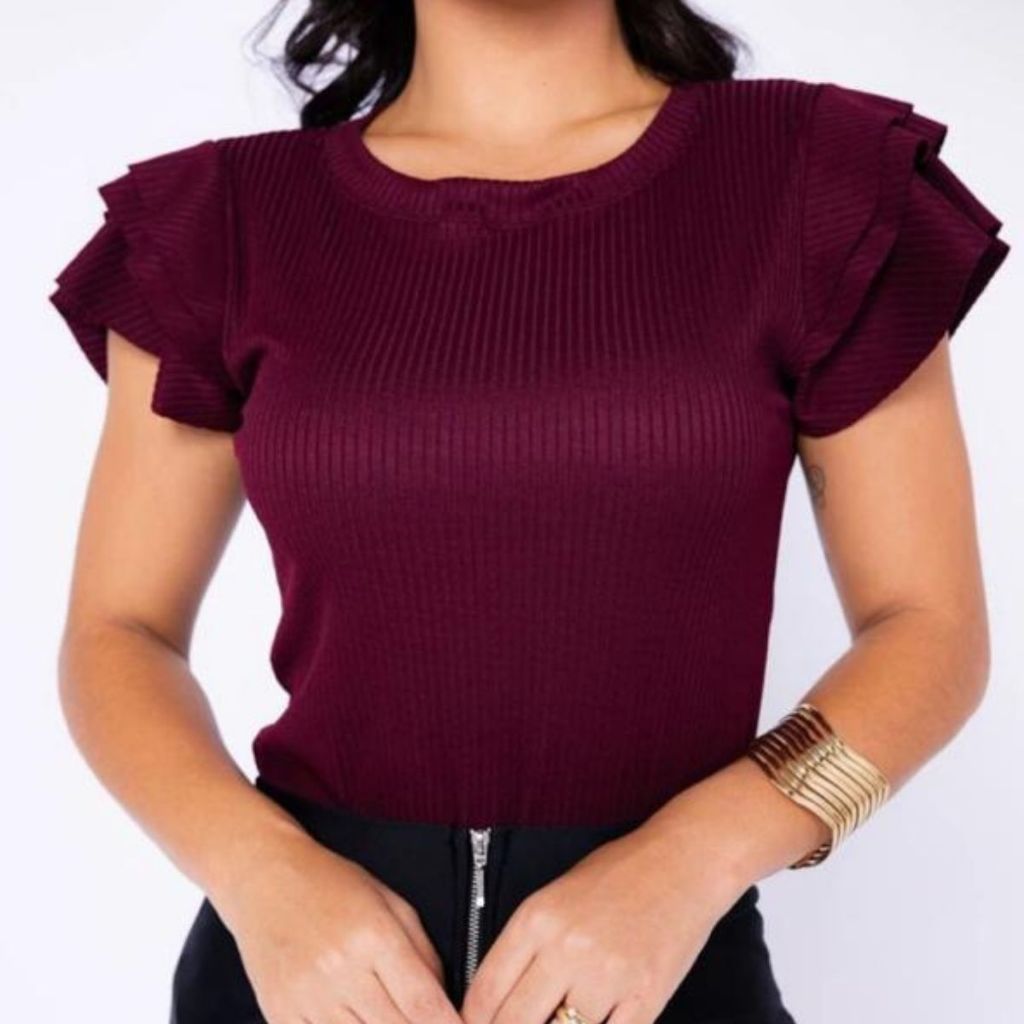 3 BABADO Blusa Canelada Três Babados Manga Curta Basica Sem BojoS em Oferta na Shopee