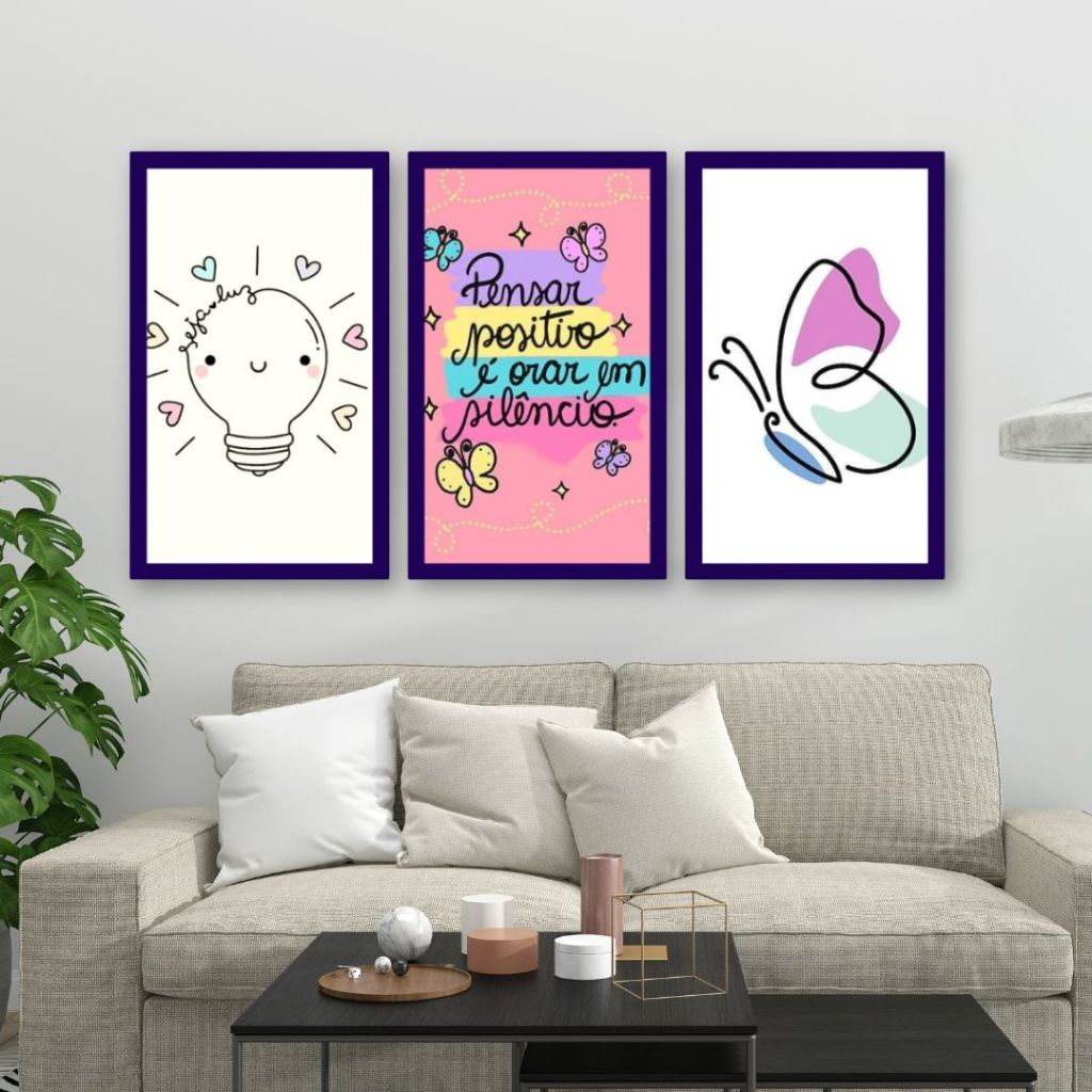 QUADRO DECORATIVO KIT 3 PEÇAS CUTE COLORIDO FRASE MOTIVACIONAL  PENSAR POSITIVO É ORAR EM SILENCIO