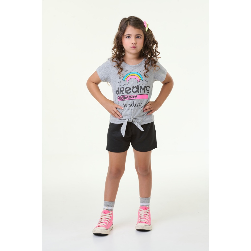 Conjunto Infantil Feminino Verão Camisa Rosa Pink estampa Dreams Bermuda Preta 1 ao 14 anos.
