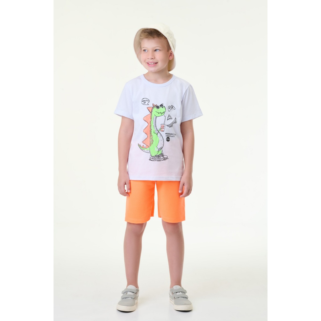 Conjunto Infantil Masculino verão, Dino com Bermuda Neon, Tam1 ao 14 anos