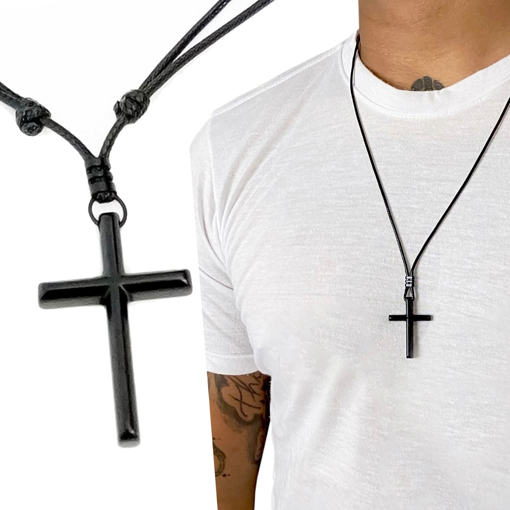 Colar Masculino Cruz Prata Preto Colar Para Homem Pingente Crucifixo