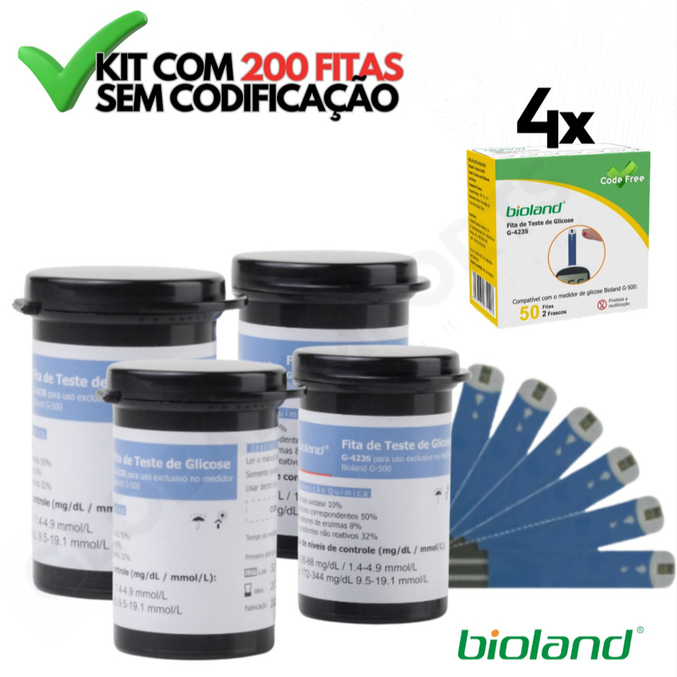 Fita De Glicose Reagentes Teste Medir Glicemia Bioland 200 Tiras