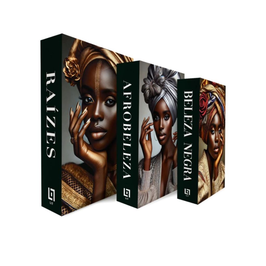 Kit Com 3 Falso Livro Decorativo Organizador Porta Objetos Enfeites Diferente Mulher Africana Negra