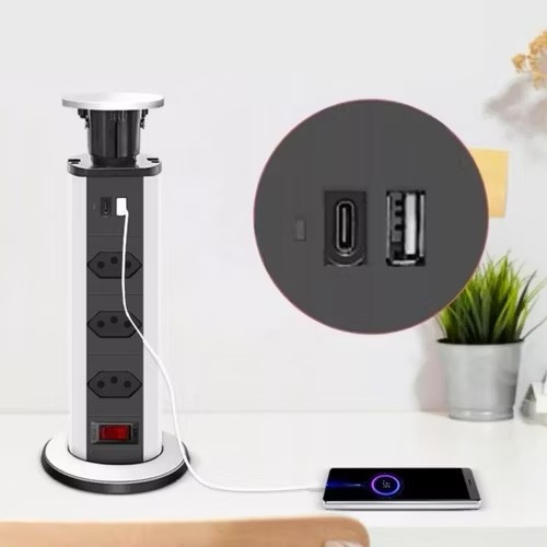 COR PRETO Torre Tomada Multiplug Retrátil Bivolt USB C Carregador De Celular Embutir Mesa bancada pia ilha
