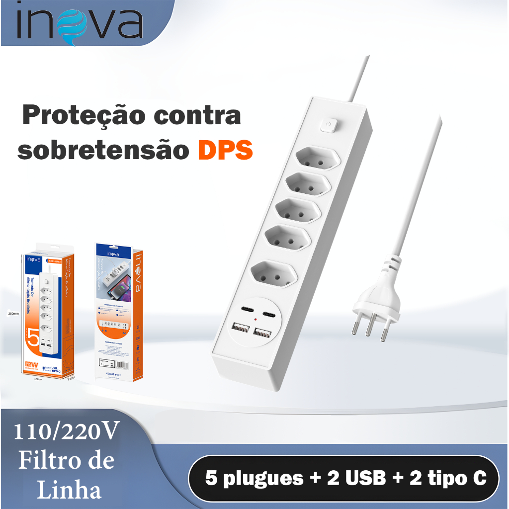 【Garantia】Inova 2m Régua Filtro de Linha Filtro de linha com protetor contra curtos (DPS) 110/220V em Oferta na Shopee