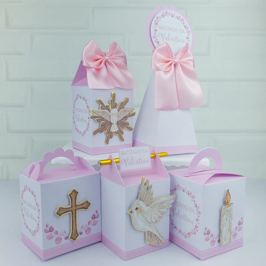 Kit Festa Personalizados - Batizado Rosa - Lembrancinhas para Batizado - Caixinhas Personalizadas