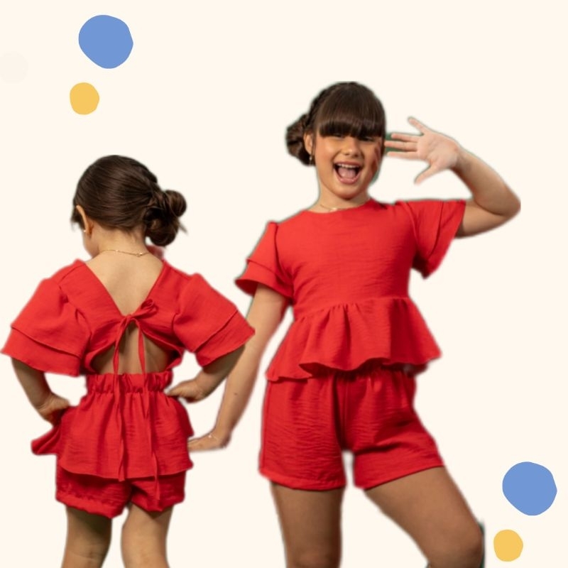 Combinadinho short e blusa menina liso infantil vermelho com manga dupla juvenil festas natal fim de ano do 4 ao 14 anos