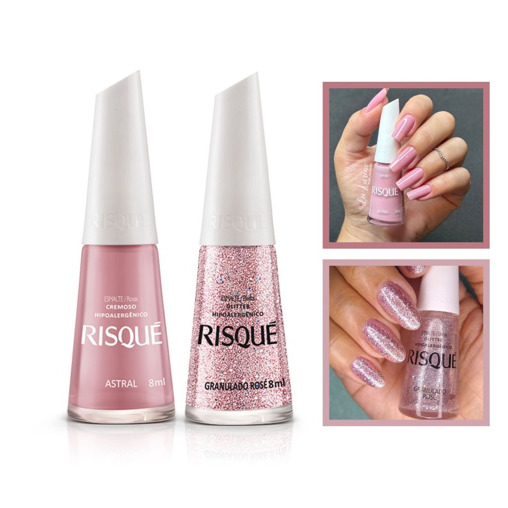 Kit Esmalte Risque Combinação Astral + Granulado Rose em Oferta na Shopee