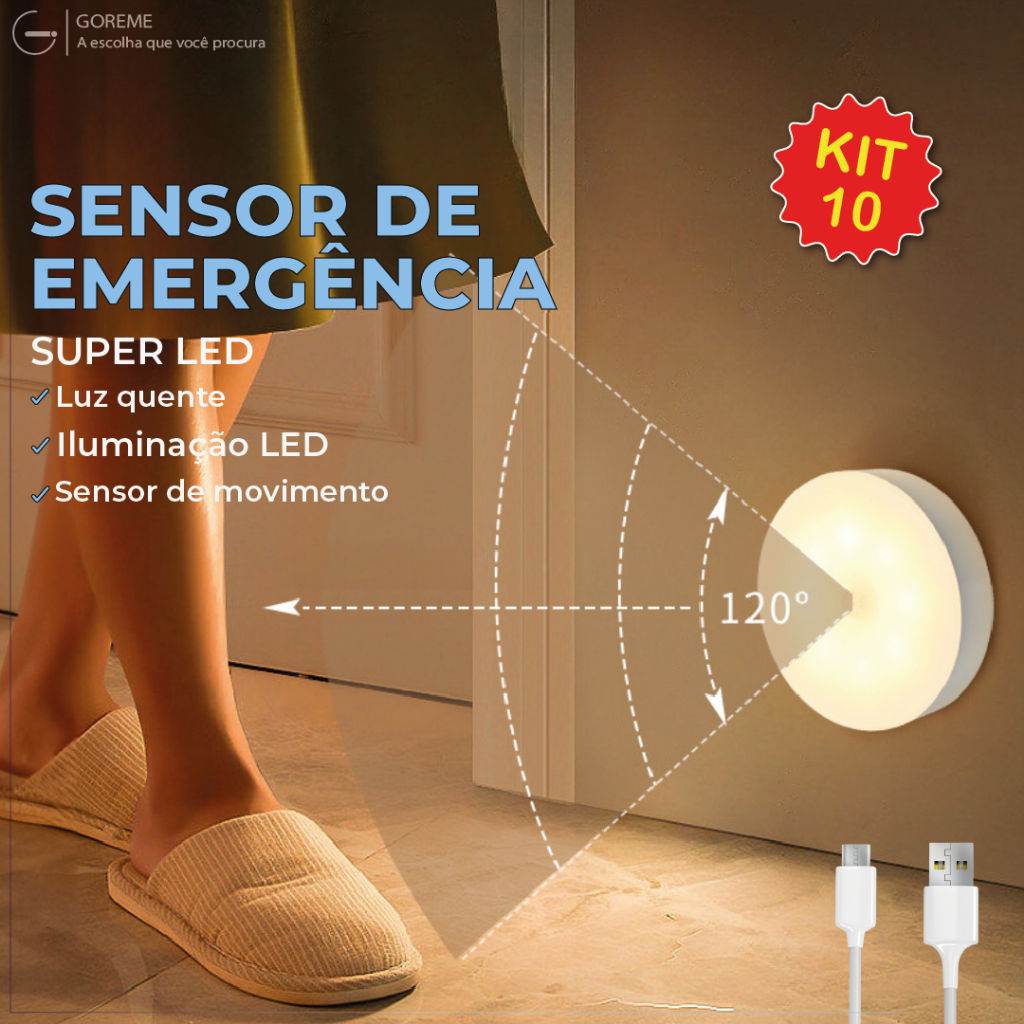 Kit 10 Luminária Led Sensor De Presença Automático Luminação Inteligente Recarregável USB Luz Neutra em Oferta na Shopee