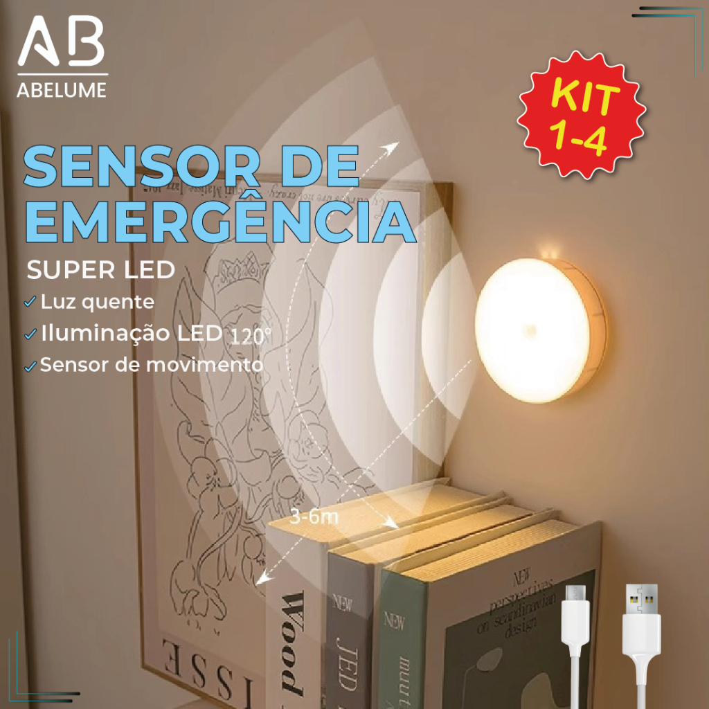 Kit 4 Luminária Led Sensor De Presença Automático Luminação Inteligente Recarregável USB Luz Neutra