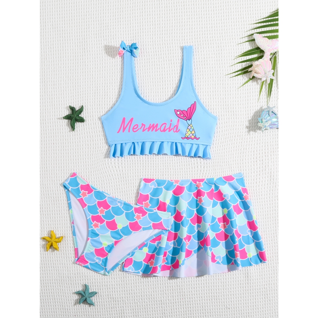 RWX VEST - CONJUNTO FEMININO DE PRAIA INFANTIL DE TRÊS PEÇAS COM SAIA ESTAMPA DE SEREIA - I3045