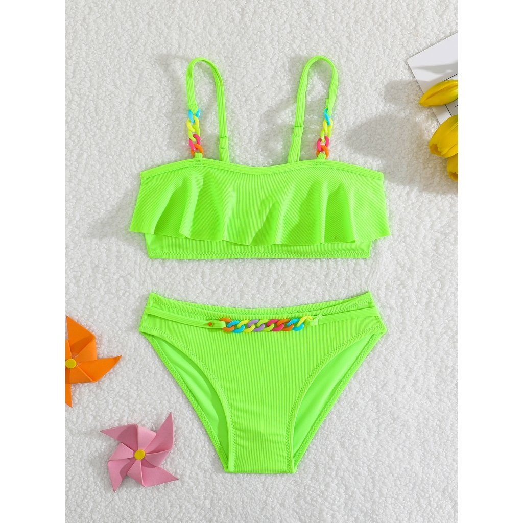 RWX VEST - CONJUNTO DE PRAIA INFANTIL FEMININO COM BABADINHOS E DETALHES COLORIDOS DE CORRENTE - I3078