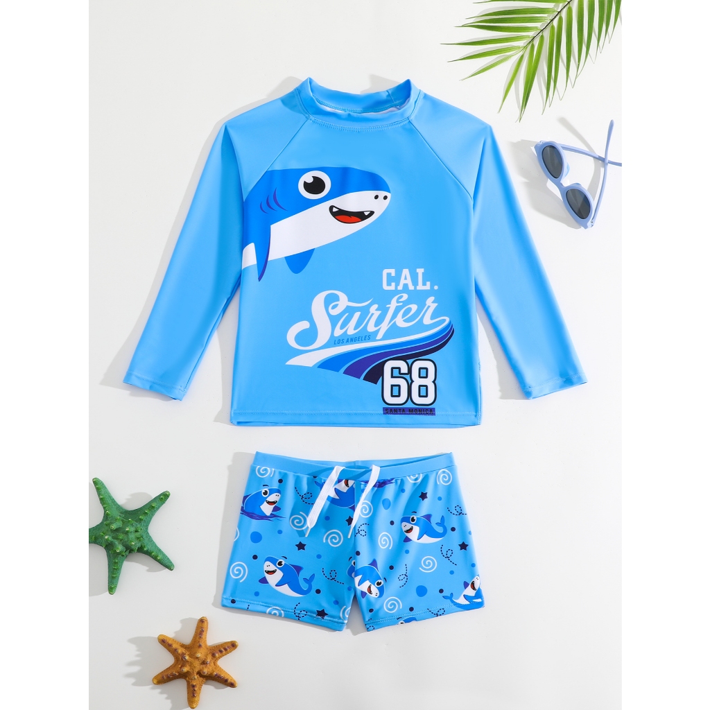 RWX VEST - CONJUNTO DE PRAIA INFANTIL MASCULINO MANGA LONGA DIVERSAS CORES COM ESTAMPA DE TUBARÃO - I3096