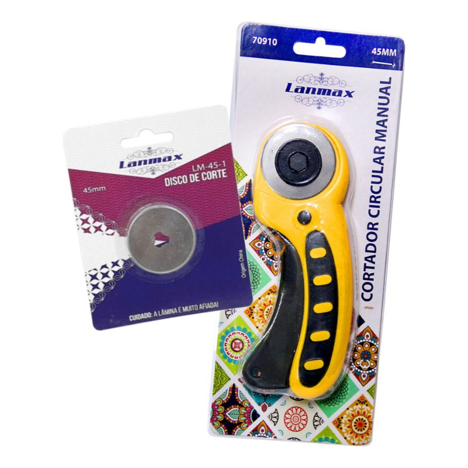 Cortador Circular Amarelo 45mm Manual Tecido Papel + Brinde Lamina Extra Tecido Papel Tecido Lanmax