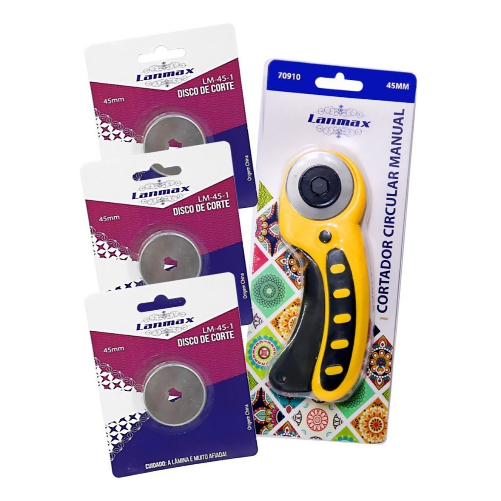 Cortador Rotativo Circular Lanmax com Disco 45mm + 3 Lâminas Reservas Costura Patchwork Artesanato