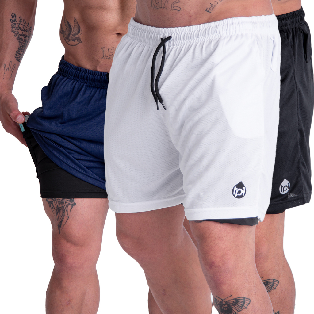 Kit com 3 Shorts 2 em 1 Duplo De Academia Masculino Com Suporte Para Celular Corrida Caminhada
