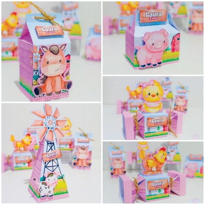 PEGUE E MONTE 3D- Festa Lembrancinhas Fazendinha menina 3 Personalizados Caixinhas