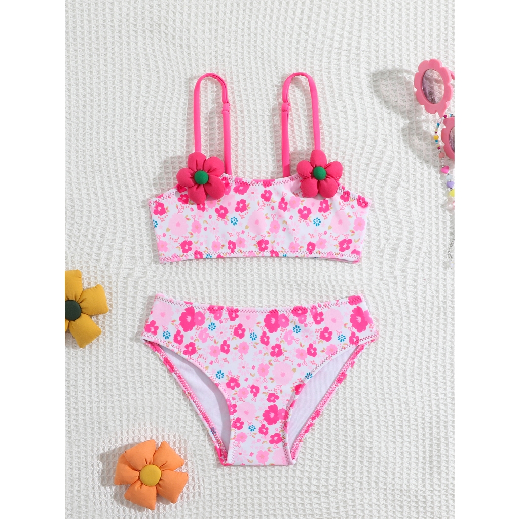 CN VEST - CONJUNTO DE PRAIA INFANTIL COM ESTAMPA FLORAL E ADEREÇOS DE FLORES - B3047