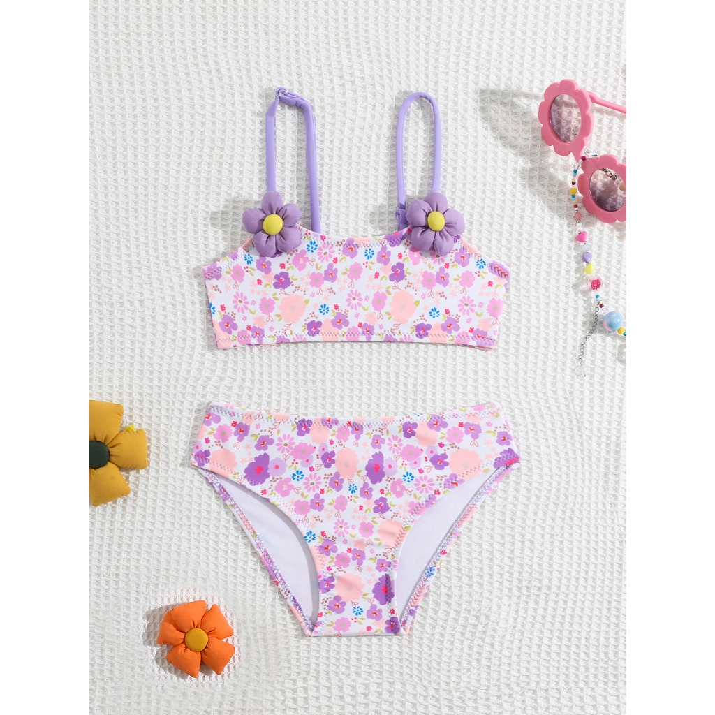 HT VEST - CONJUNTO DE PRAIA INFANTIL COM ESTAMPA FLORAL E ADEREÇOS DE FLORES - B3047