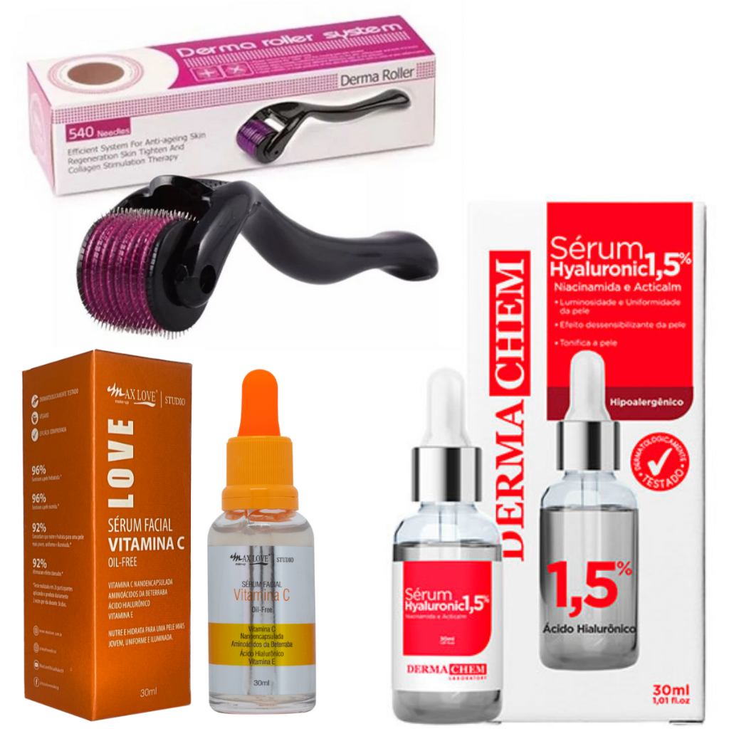 Kit Microagulhamento Com Ácido Hialurônico e vitamina C pele saudável e hidratada em Oferta na Shopee