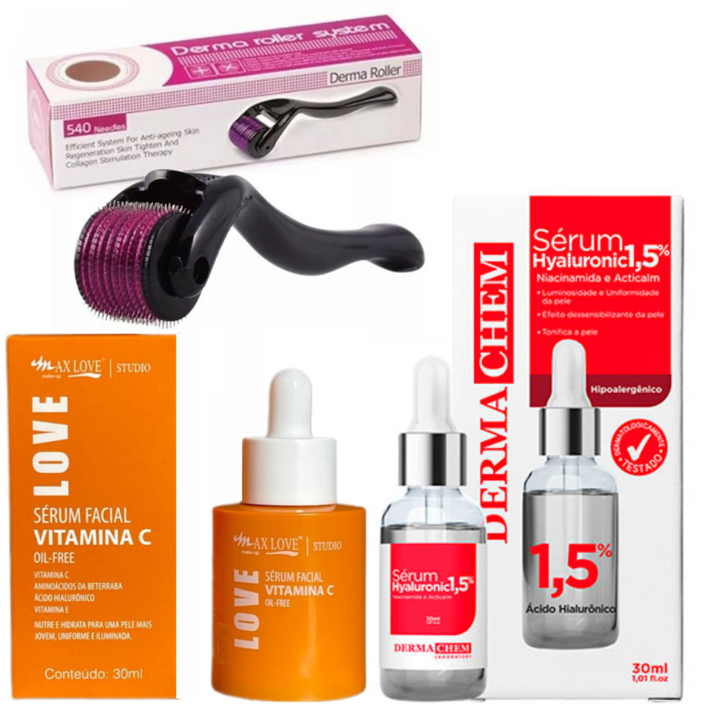 Kit Microagulhamento Com Ácido Hialurônico 1,5% Vitamina C Combate Previne Rugas Linha de Expressão
