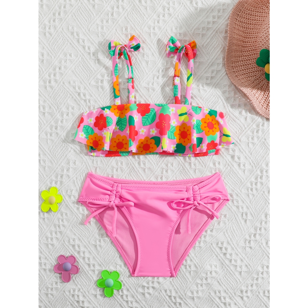 WD VEST - CONJUNTO DE PRAIA FEMININO INFANTIL COM BABADOS E TOP COM ESTAMPA FLORAL - I3014