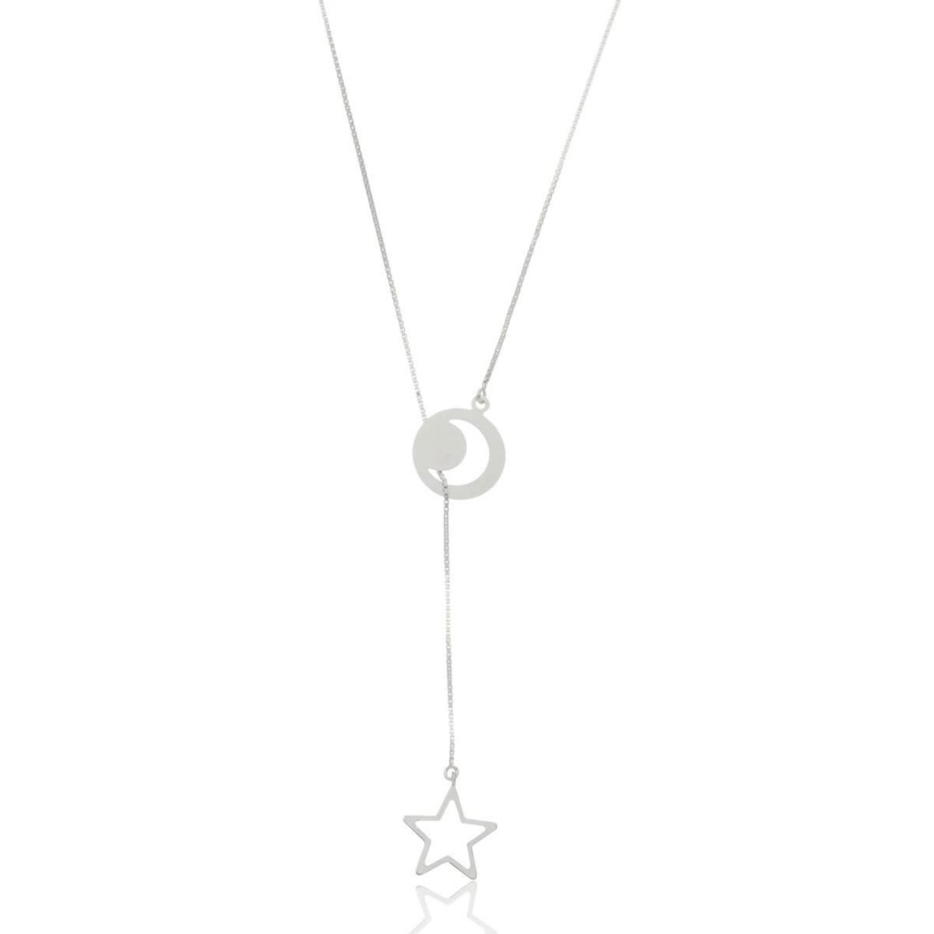 Colar Prata 60cm Gravata Lua Estrela Prata 925