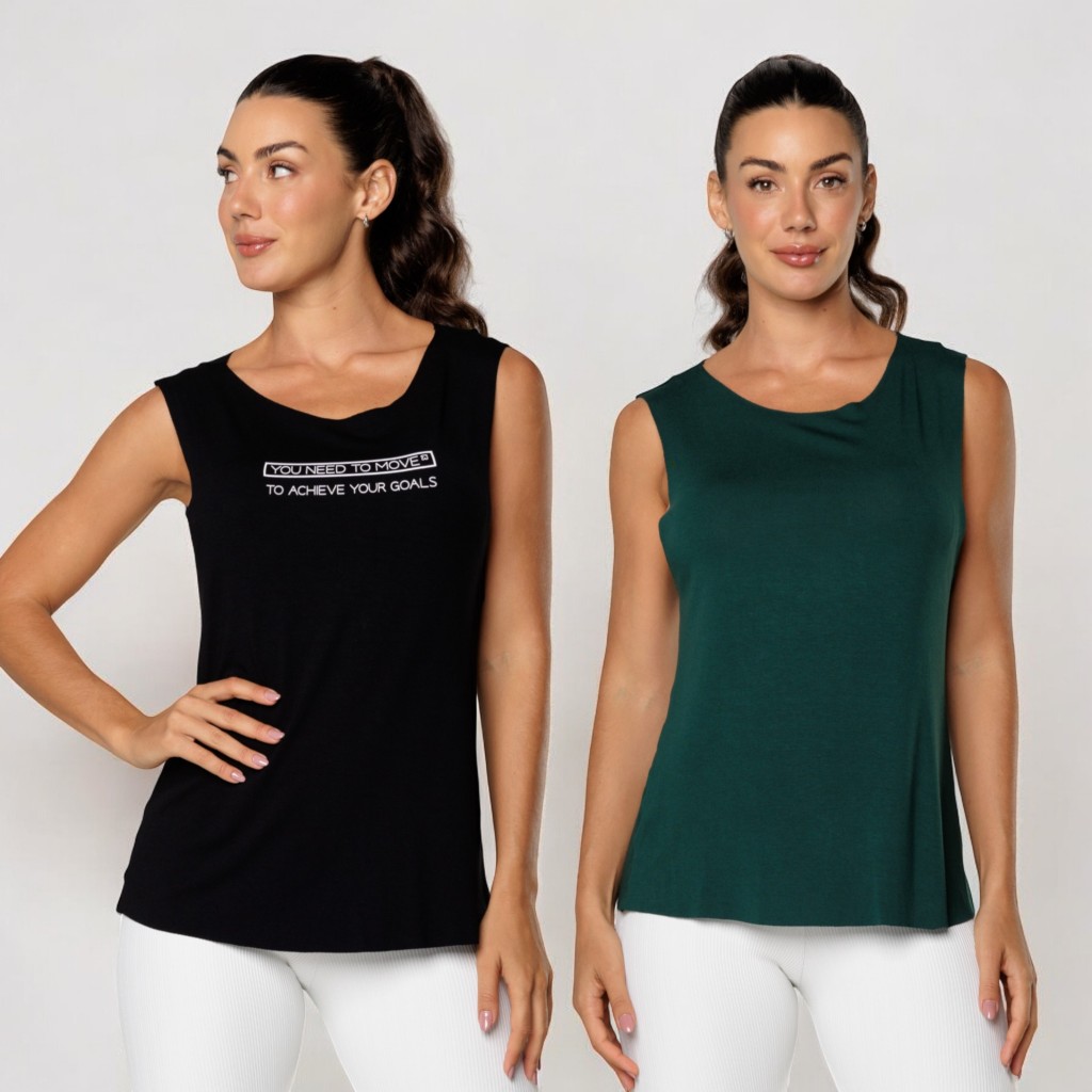 Kit 2 Regatas Fitness Feminina Academia Viscolycra Soltinha Lisa e Estampada Lot Fitness