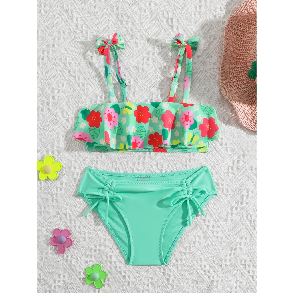 CN VEST - CONJUNTO DE PRAIA FEMININO INFANTIL COM BABADOS E TOP COM ESTAMPA FLORAL - I3014