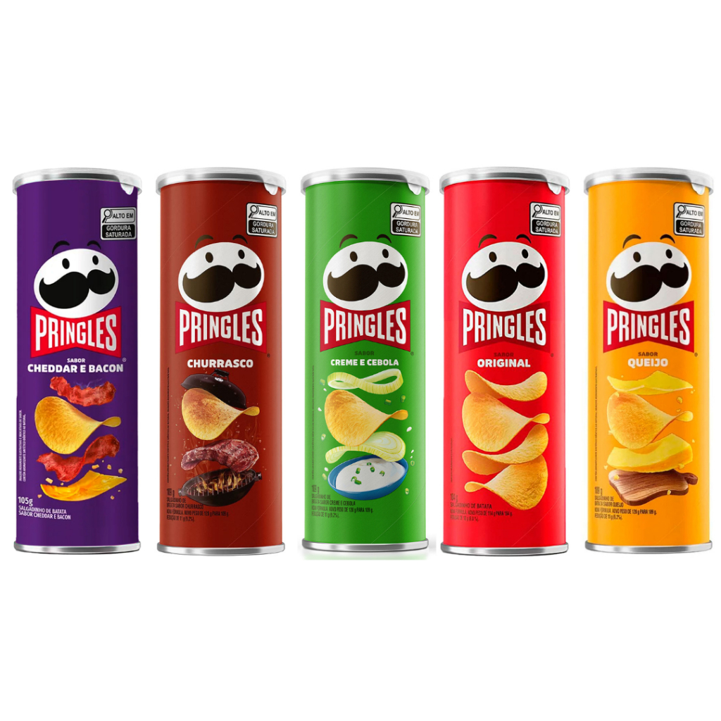 Kit com 18 Batata Pringles - Sabores Original/ Churrasco/ Creme e Cebola/ Cheddar e Bacon e Queijo
