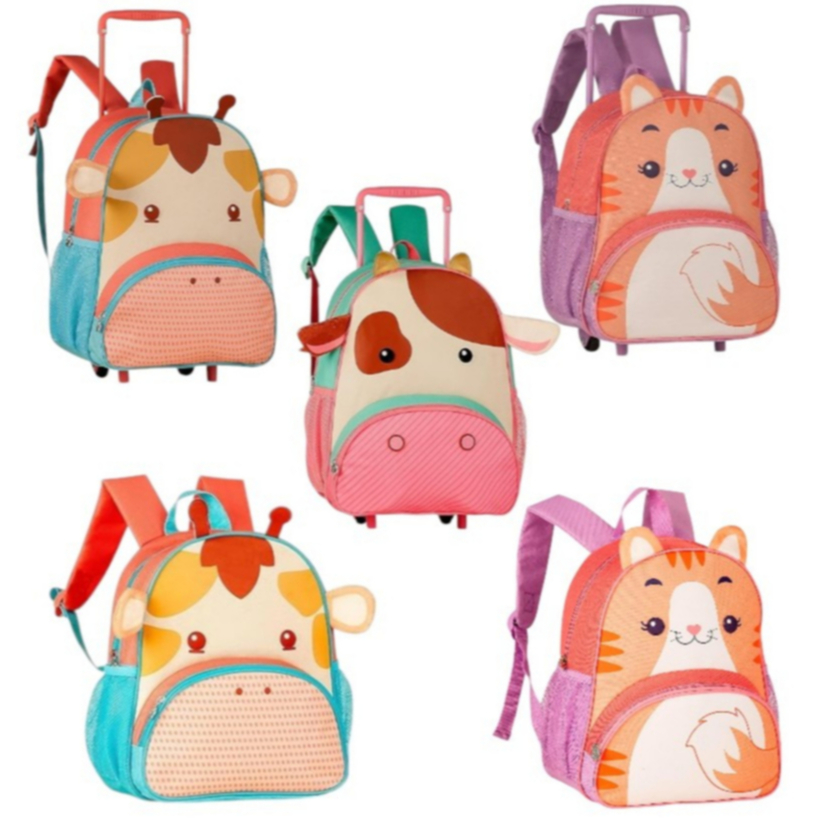Mochila de rodinha infantil menina Bichinhos Clio Pets Com Alças Ajustaveis