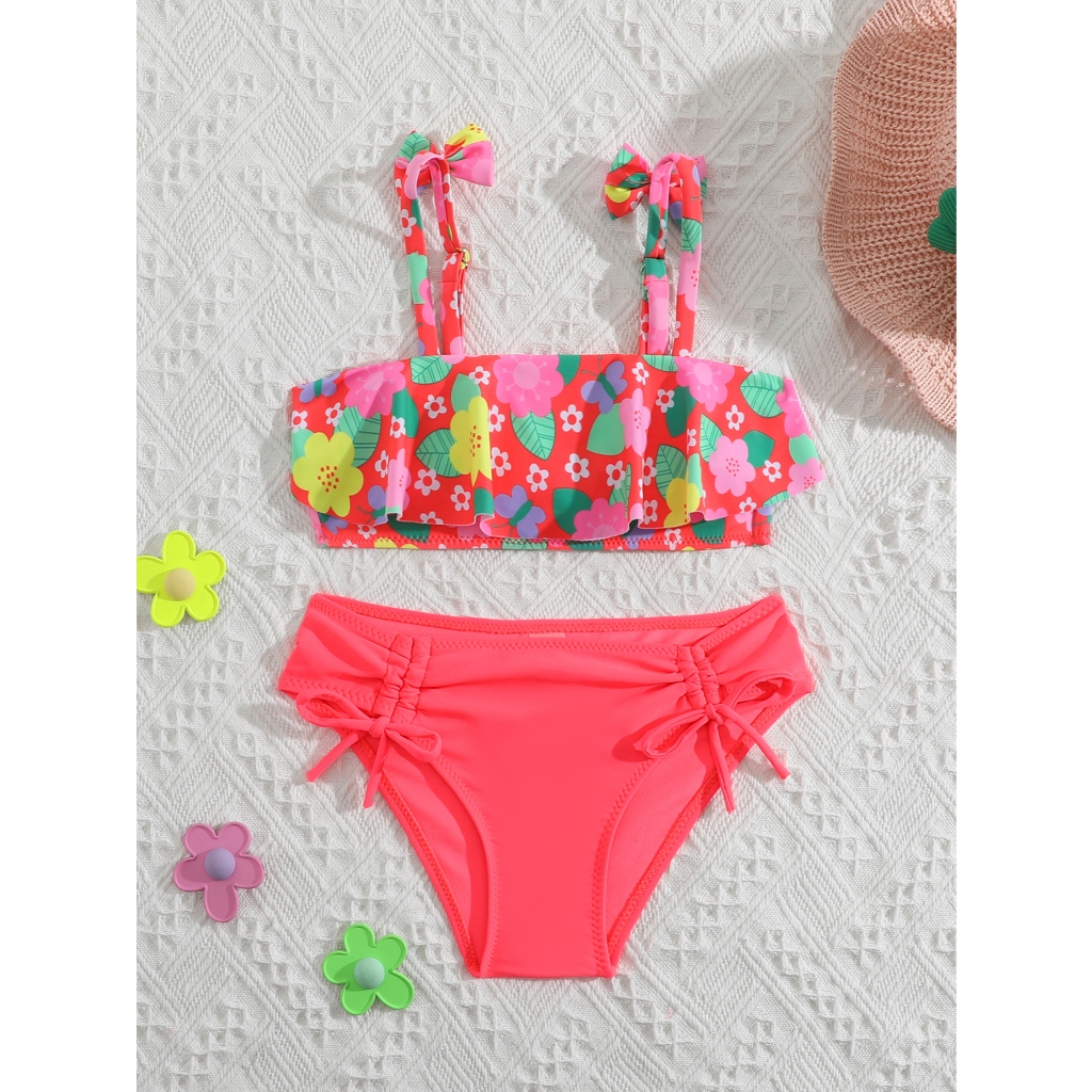HT - CONJUNTO DE PRAIA FEMININO INFANTIL COM BABADOS E TOP COM ESTAMPA FLORAL - I3014