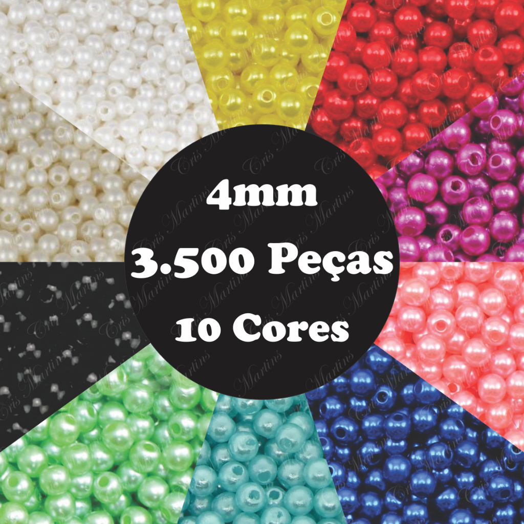 Kit 3.500 Peças em 10 Cores de Mini Pérolas 4mm com Furo Passante para Artesanato