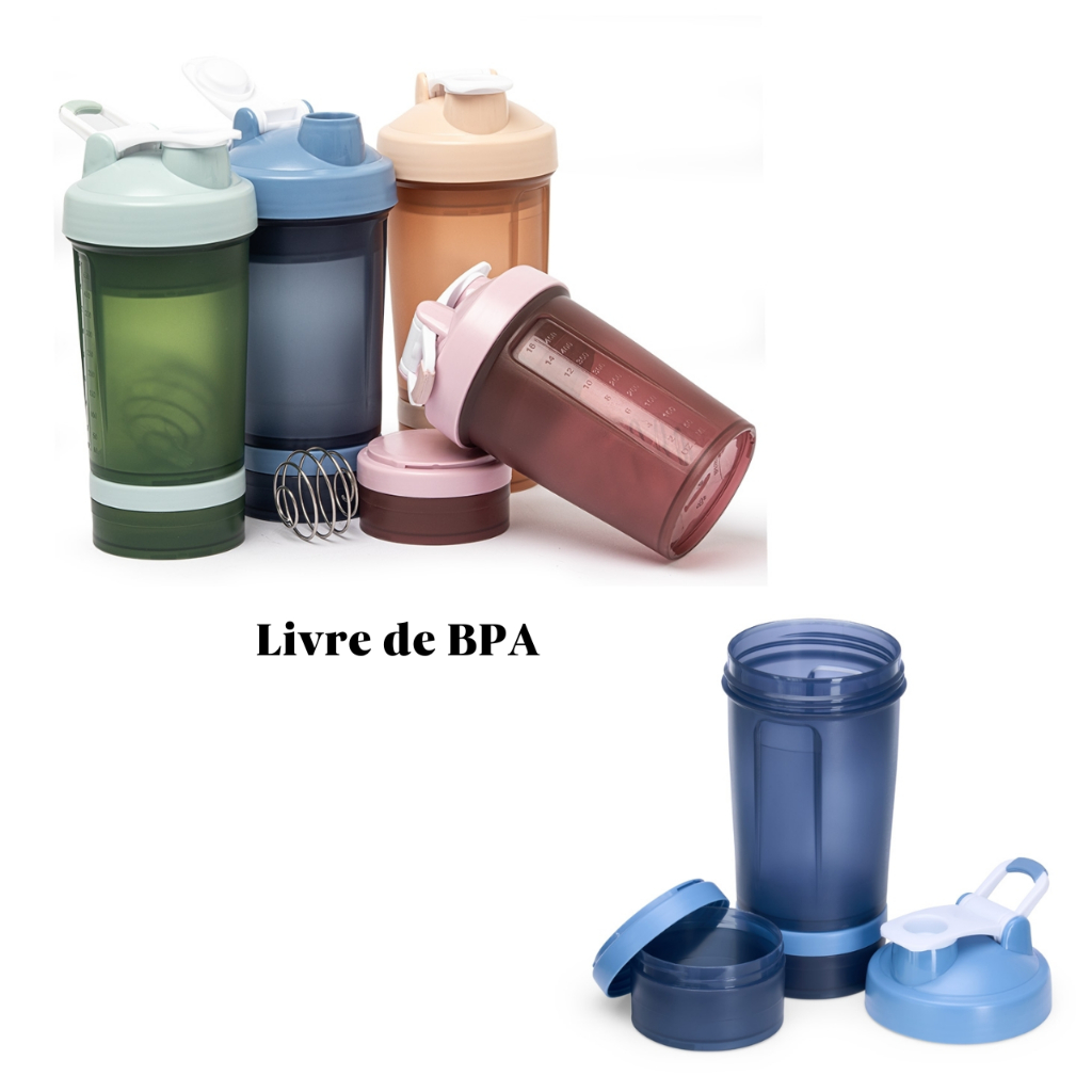 Coqueteleira 500 ml livre de BPA 2 compartimentos whey vitamina academia shake misturador de mola