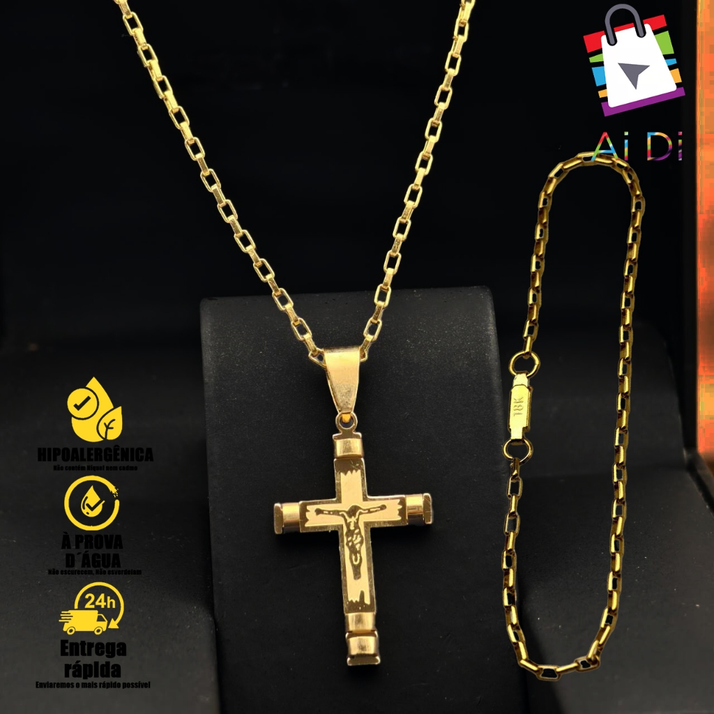 Conjunto Masculino de Corrente Pulseira e Pingente Cruz Palito – Design de Moeda Antiga com Banho de em Oferta na Shopee