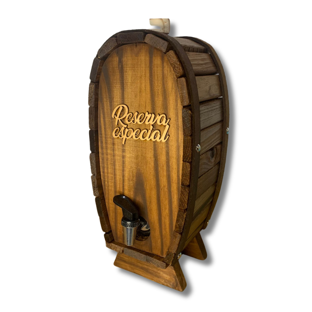Barril Redondo 1L c/ pé Dispenser Bebidas Copinho Dose Rústico Bar Cozinha Madeira