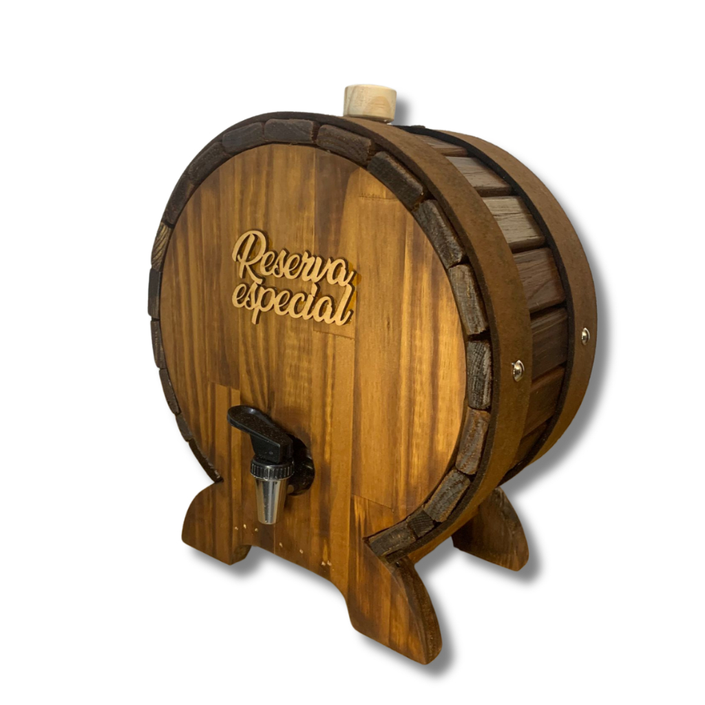 Barril Redondo 1L c/ pé Dispenser Bebidas Copinho Dose Rústico Bar Cozinha Madeira Pinus