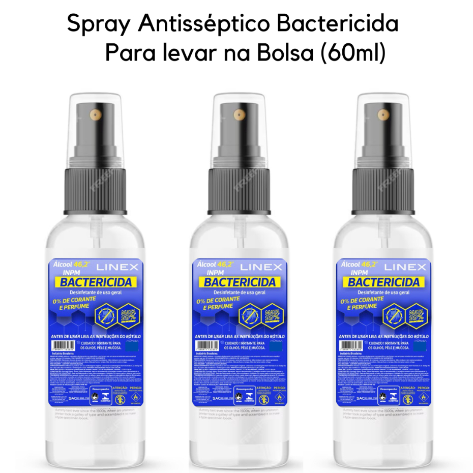 kit 3 Álcool Spray Antisséptico Bactericida de bolsa 60 ml Limpeza e Proteção